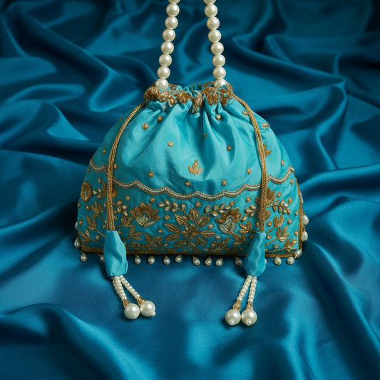 Traditional Potli Handbag – Soft Cyan