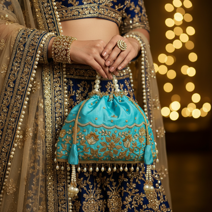Traditional Potli Handbag – Soft Cyan