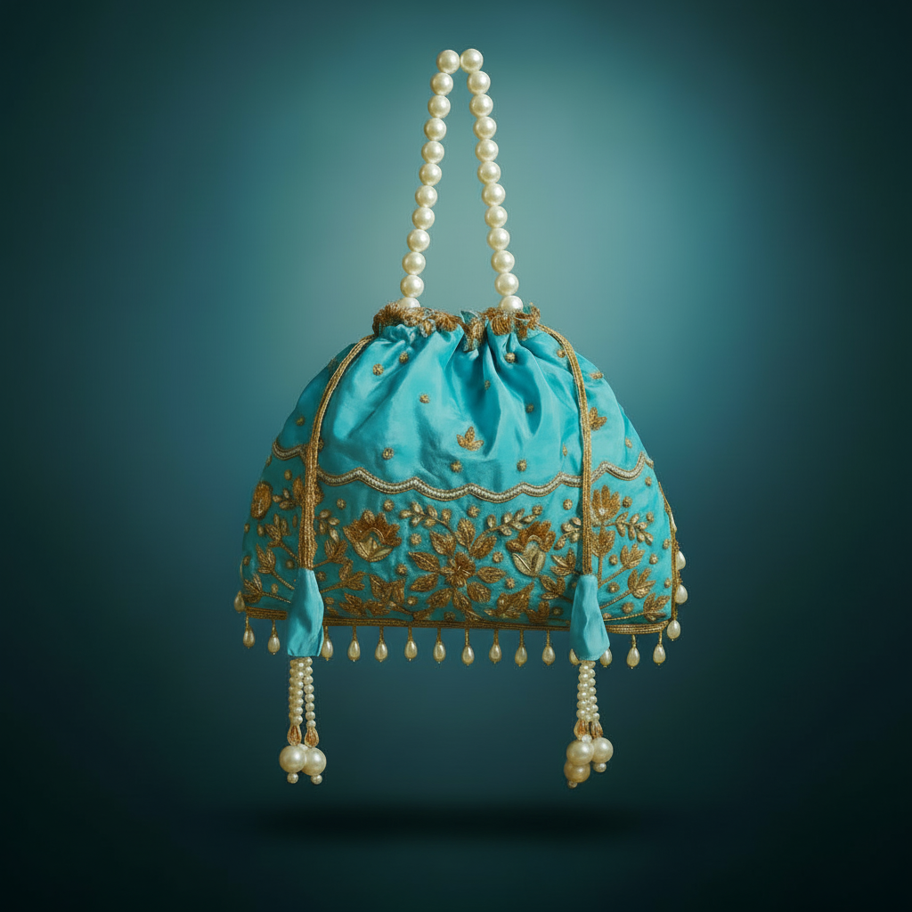 Traditional Potli Handbag – Soft Cyan