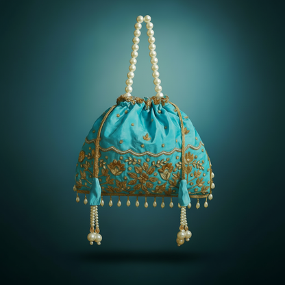 Traditional Potli Handbag – Soft Cyan